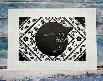 Black Cat Lino Print | Celestial Sleeping Cat Art, A3 Size