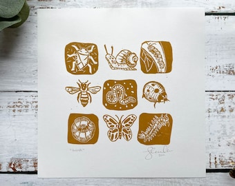 Insect lino print | minibeasts print featuring snail, bee, butterfly, ladybird etc