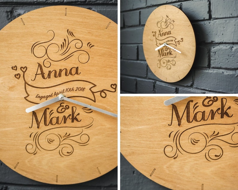 Personalized wedding wall clock Wooden laser cut engraved Etsy