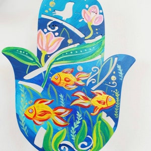 Fish Hand painted Hamsa , Hamsa, Hamsa hand, Judaica, Jewish gifts, Evil eye Hamsa, Home decor, Metal Hamsa, Judaica art, Table decoration