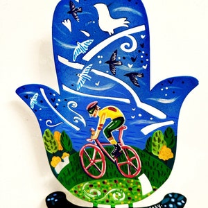 Hand painted Hamsa ,Bikes,Lance Armstrong, Hamsa hand, Judaica, Evil eye Hamsa, Home decor, Metal Hamsa, Judaica art, Table decoration