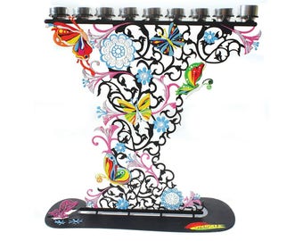 Chanukah Menorah, Arte Giudaica, Judaica, Fiori e Farfalle Hanukkiayh, Hanukkah Menorah, Decorazione Hanukkah, Regalo Hanukkah, Arte del metallo