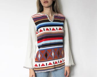 Vintage 1970s Sweater | Hippie Boho Sweater | 70s Cream Sweater | Geometric Print Sweater | Folk Pattern