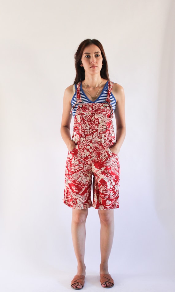 Vintage 1990s Denim Overalls | Red Novelty Print … - image 1