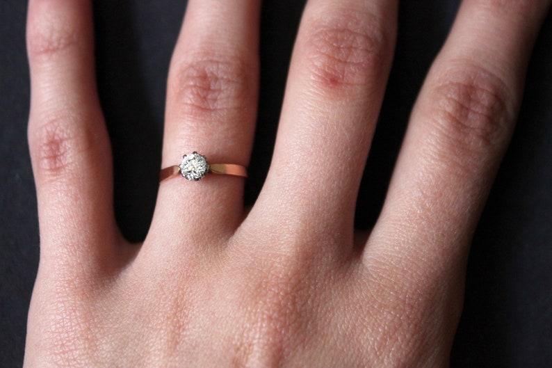 May include: A close-up of a hand wearing a gold ring with a single, round diamond.