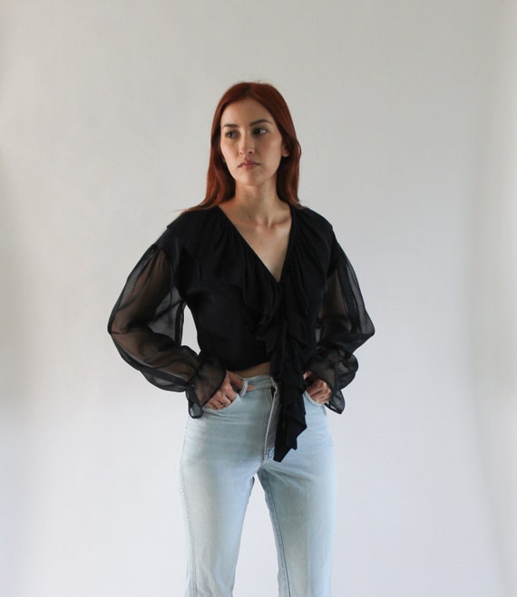 Vintage 1960s Black Blouse | Wide Sleeve Blouse |