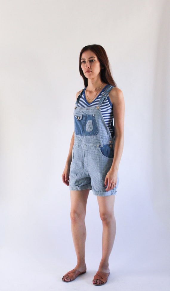 Vintage 1990s Denim Overalls | Blue Gingham Denim