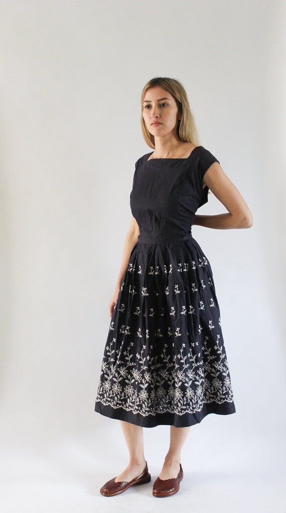 Vintage 1950s Navy Blue Dress | 50s Full Skirt Dre