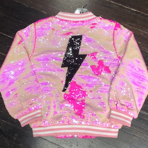 Pink Lightning Bolt Sequins Bomber Jacket