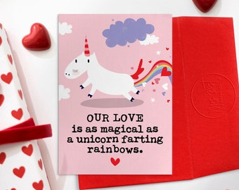 Funny Love Card, Unicorn Farting Rainbows, Cheeky Valentines Card for Him, Her, Husband, Wife, Rude Partner Birthday Card