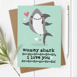 Tarjeta divertida del Día de la Madre, Tarjeta del Día de la Madre del bebé, Tiburón mamá, Tiburón bebé, Tarjeta de cumpleaños de mamá, Te quiero mamá