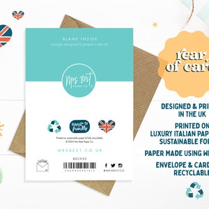 May include: Back of a greeting card with a light blue and white design. The card is printed on luxury Italian paper from sustainable forests. The card is designed and printed in the UK. The card is fully recyclable. The text on the card reads "Year of card" and "Designed & Printed in the UK".