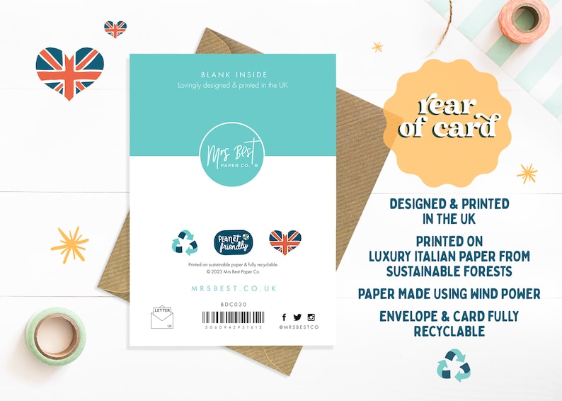 May include: Back of a greeting card with a light blue and white design. The card is printed on luxury Italian paper from sustainable forests. The card is designed and printed in the UK. The card is fully recyclable. The text on the card reads "Year of card" and "Designed & Printed in the UK".