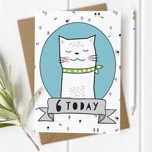 6th Birthday Card, 6 Today, Custom Personalised Girls Boys Cat Daughter Son Niece Nephew image 1