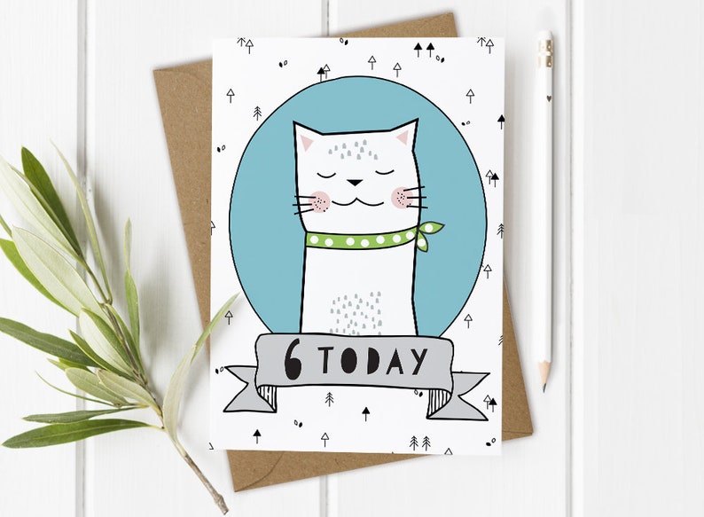 6th Birthday Card, 6 Today, Custom Personalised Girls Boys Cat Daughter Son Niece Nephew image 1