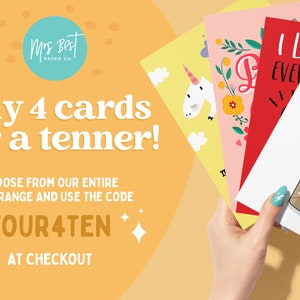 a person holding up four cards with the words buy 4 cards for a tener