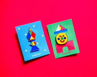 Set of 2 Emaille Pins Tower and Happy face| Small Broche badge birthday pins harde emaille pin Teuntje Fleur geometric