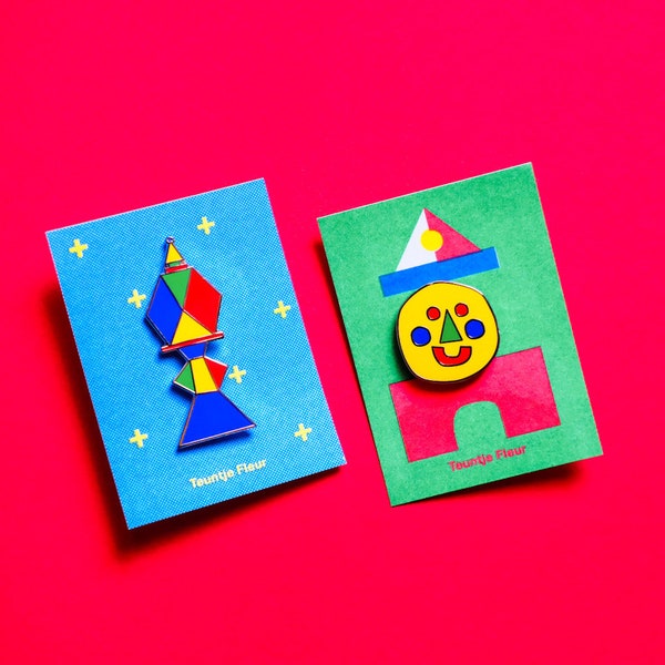 Set of 2 Emaille Pins Tower and Happy face| Small Broche badge birthday pins harde emaille pin Teuntje Fleur geometric