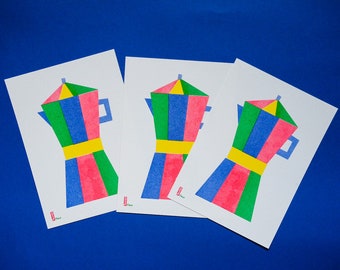 May include: Three white cards with a colorful geometric design of a coffee pot. The coffee pot is made of green, blue, yellow, and red shapes.