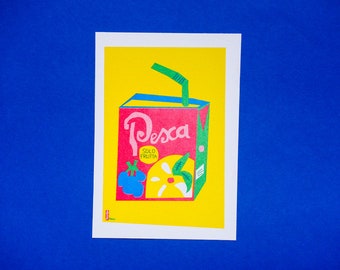 A risograph print of a packaging Fruit juice Pesca A5 | Small risoprint, risograph, A3, Color, illustration, graphic art , Primary, summer