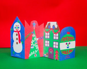 1 Risograph Christmas Accordion Cards |  With Envelopes Hancutted| risograph christmas cards, A6, Illustration, Christmas card pack