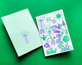 Happy Garden postcard risoprinted |  With Envelope Handmade| risograph cards, new home A6, Illustration, moving card