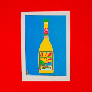 A risograph print of a packaging Limoncello bottle A5 | Small risoprint, risograph, Color, illustration,  Primary, packaging riso print