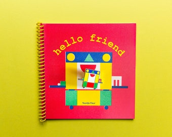 Hello Friend  Zine + Pin Risograph Zine Risoprinted |Abstract Shapes, primary colors, illustration, graphic art , riso zine, typography