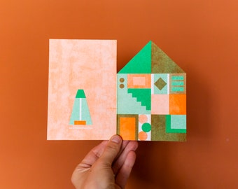 Happy new home postcard risoprinted |  With Envelope Handmade| risograph cards, new home A6, Illustration, moving card