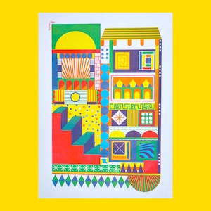 Op de afbeelding: Een kleurrijke abstracte illustratie van een gebouw met geometrische vormen en patronen. Het gebouw is opgebouwd uit verschillende kleuren, waaronder rood, geel, blauw, groen en oranje. De illustratie is een moderne en abstracte interpretatie van een gebouw.