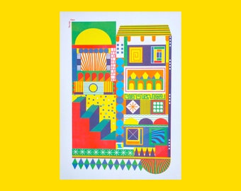 May include: A colorful abstract illustration of a building with geometric shapes and patterns. The building is made up of various colors, including red, yellow, blue, green, and orange. The illustration is a modern and abstract interpretation of a building.