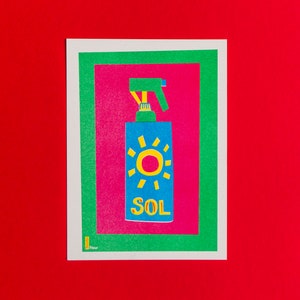 A risograph print of a bottle of Sunscreen A5 | Small risoprint, risograph, A3, Color, illustration, graphic art , Primary, summer