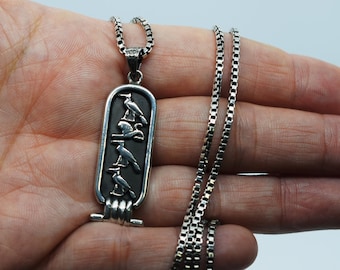 PUT YOUR NAME hieroglyphic, English, or Arabic on one side sterling Silver Personalized Cartouche +Chain.