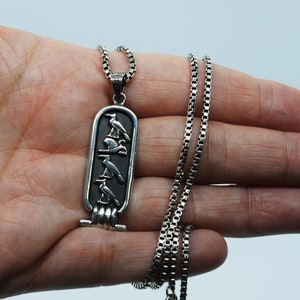 PUT YOUR NAME hieroglyphic, English, or Arabic on one side sterling Silver Personalized Cartouche +Chain.