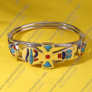 Colorfull Bracelet made of sterling silver decorated with Ankh (key of life) Cross and Lotus Flower.