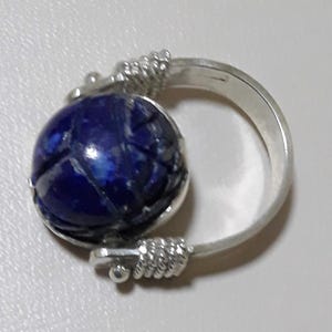 Genuine Sterling Silver Ring Decorated with Genuine Lapis Lazuli Scarab