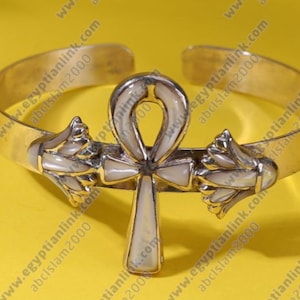 Hallmark Egyptian Pharaoh Sterling Silver Cuff Bracelet  key of life and lotus flowers decorated with mother of pearl..