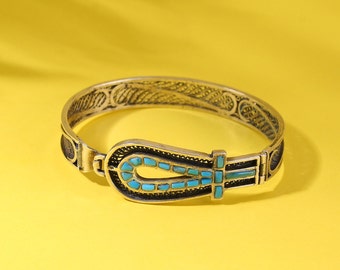 Hallmark Egyptian Pharaoh Sterling Silver Cuff Bracelet  key of life, decorated with Turquoise gems.