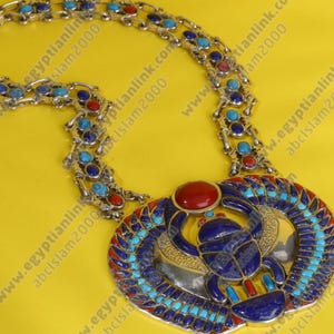 Hallmark Egyptian Pharaoh Silver Necklace,Winged Scarab, precious Gemstones one of a kind