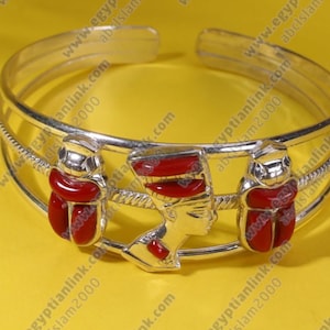 Hallmark Egyptian Pharaoh Sterling Silver Cuff Bracelet  Scarab and Nefertiti.