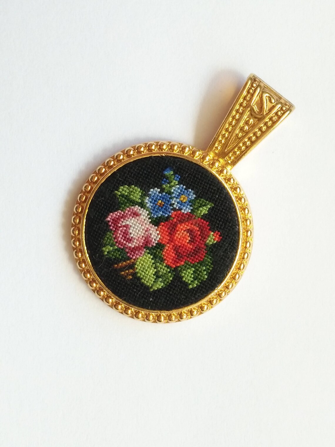 Hand Embroidered Necklace. Flower pendant. Genuine Petit Etsy