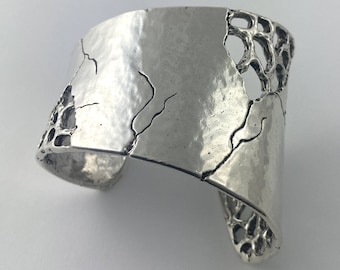 Rigid cuff bracelet, silver or golden tin, handcrafted