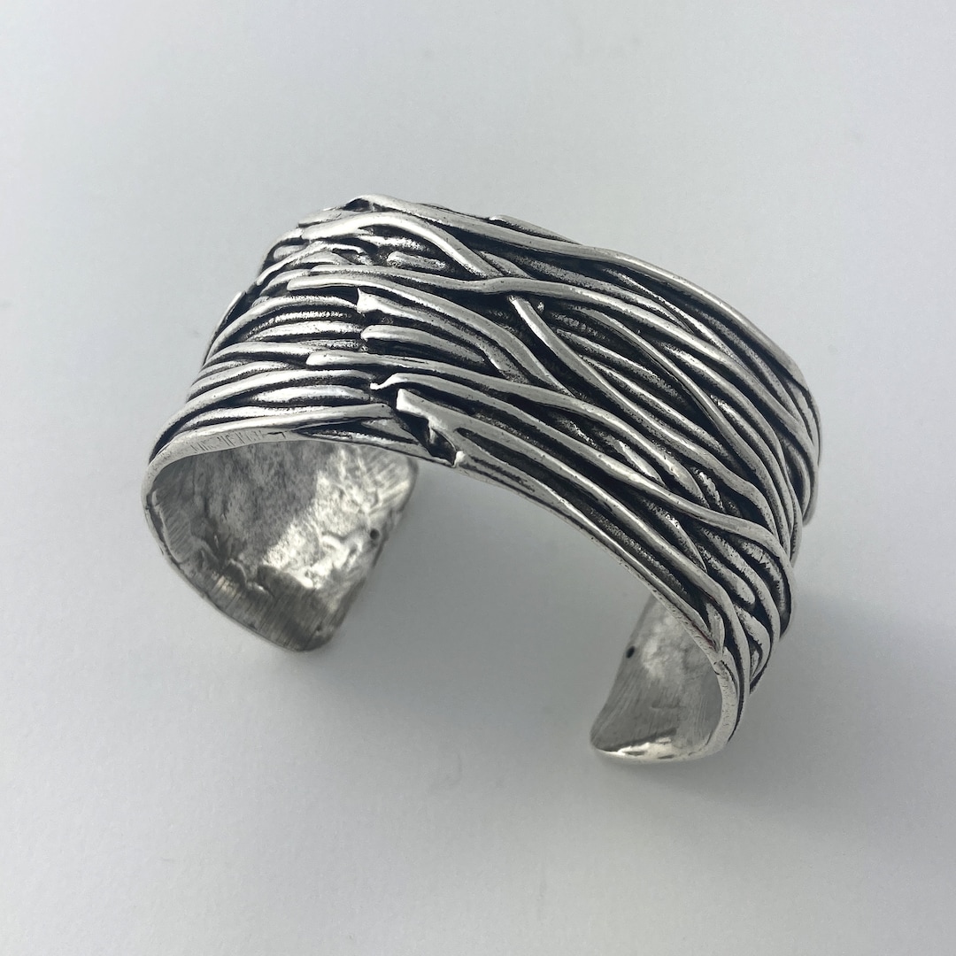 Bracelet Manchette Rigide Signé Barone - Métal Argenté Avec Poinçons - Occasion - Style Bijou Créateur