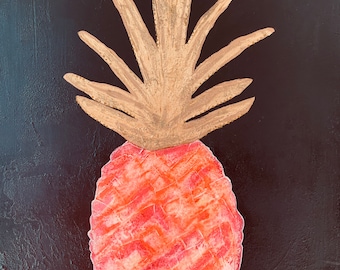 Pineapple Apple - PINK PINEAPPLE PAINTING - Original Fruit Portrait - Pink and Orange pineapple - Modern fruit wall art - Pink and black art