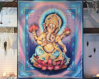 Ganesha wall hanging decor turquoise art print, original author's batik, yoga studio batik art golden acrylic decor, colorful art