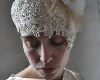 Lace and tulle bridal headpiece