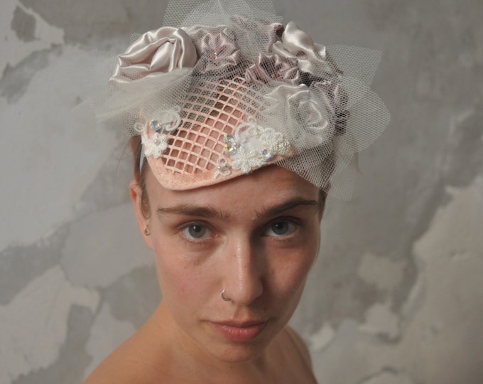 Buckram framed headpiece with flowers and tulle