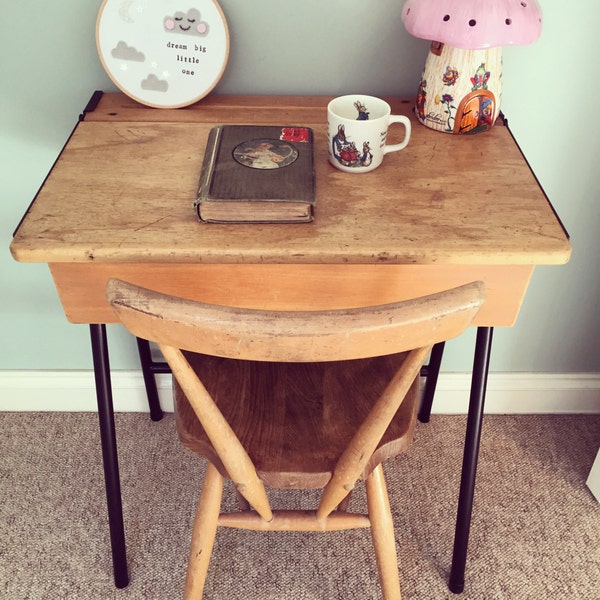 Vintage desk, childs school desk, vintage metal framed desk, wooden school desk, refurbished school desk, vintage table, retro desk.