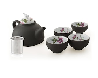 Tea set including pot and four Chinese teacups in beautiful gift box - Emperor's Bird.