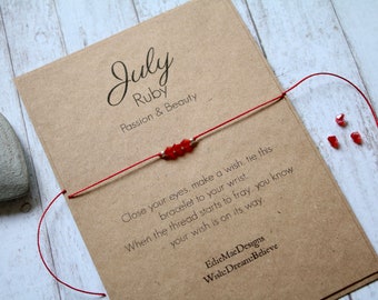 July Birthstone | Wish Bracelet | Ruby Birthstone | Birthday Gift | Friendship Bracelet | July Bracelet | Ruby Bracelet | Birthday Wish Card